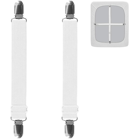 2Pcs Adjustable Sofa Slipcover Straps Clips,50inch Elastic Bed Mattress Sheet Fasteners Holder and Suspenders, Grippers to Hold Sheet, Mattress Cover, Couch Cushion, Table Cloth (White)