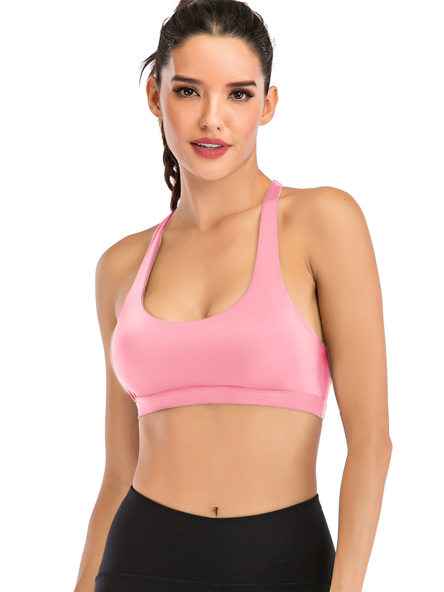 Womens Removable Padded Sports Bras Medium Support Workout Yoga Bra Sexy Cross Strappy Wirefree