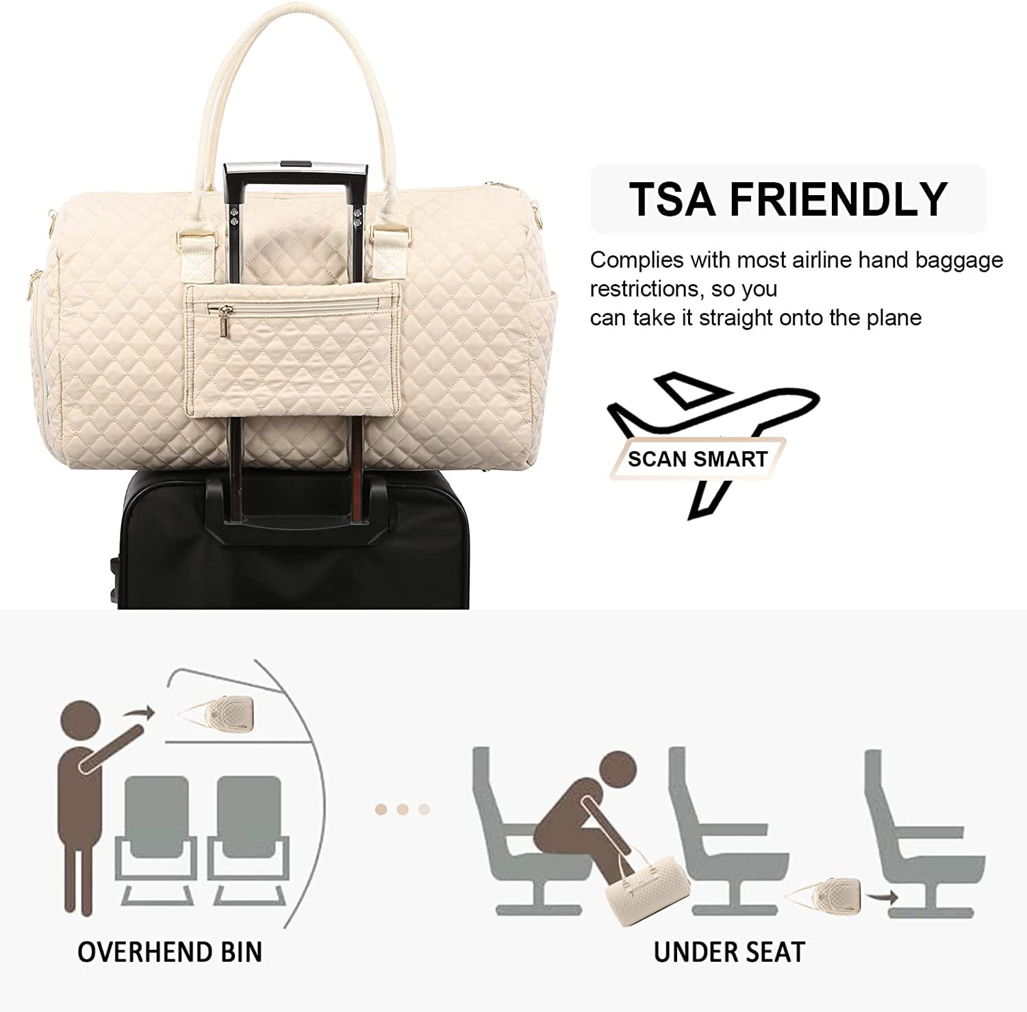 Lovevook Weekender Bag for Women, Large Travel Duffle Bag with Toiletry Bag, Gym Beach Bag Mummy Hospital Overnight Bag with Separate Wet Pocket-Beige & Quilted