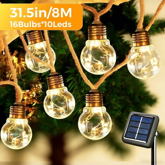 Solar Outdoor String Lights, 8M 16 Bulbs, Garden Lights, 8 Modes IP44 Waterproof, Wire For Balcony, Terrace, Party