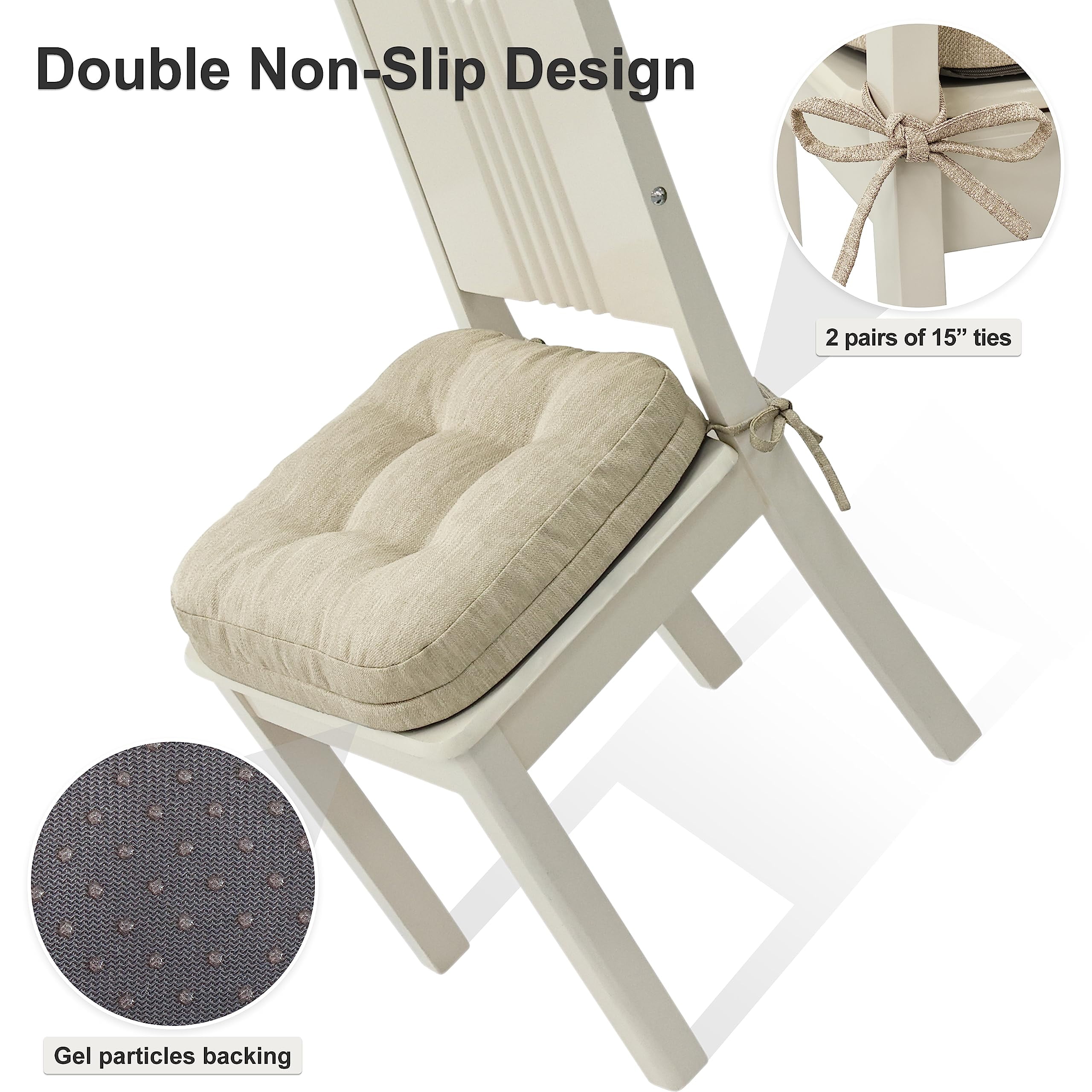 Shinnwa Chair Cushions 3.5" Thick Tufted Memory Foam Kitchen Chair Cushions Set of 2 Dual-layer Indoor Seat Cushions, 16.5" X 16.5", Non-Slip, Beige