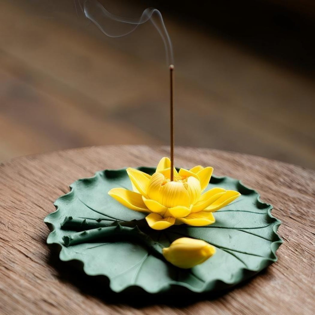 Warmself Incense Holder Modern Minimalist Circular Incense Stick Burner for Cones or Sticks for Yoga & Meditation, Enhance Atmosphere,Ceramic Ash Catcher Yellow Lotus