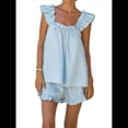 thumbnail image 3 of Conjunto de Pijama de Algodón de Dos Piezas para Mujer, con Volantes y Pantalones Cortos Informales, para Verano. Azul XL, 3 of 8