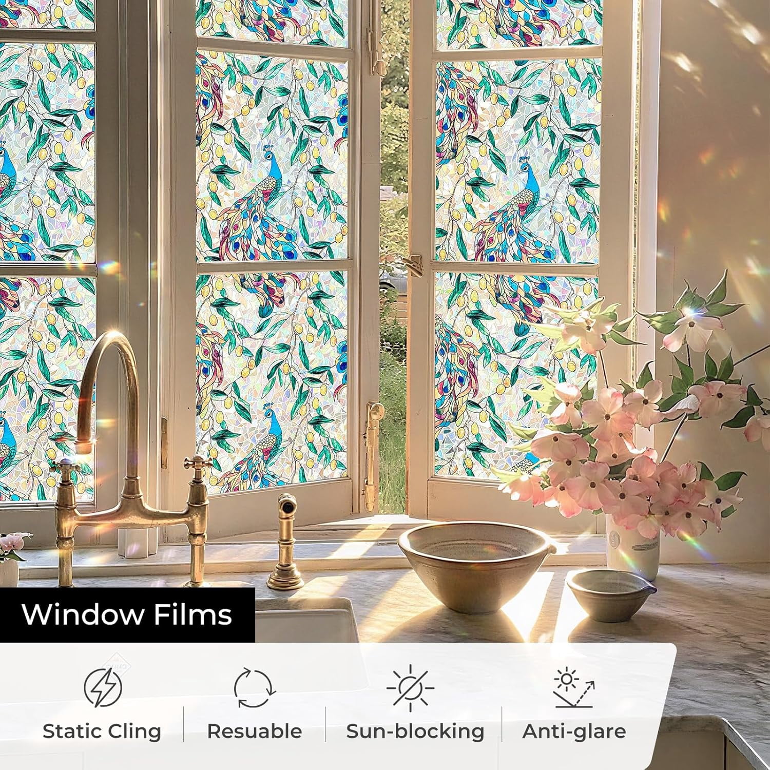 Window Privacy Film,Colorful Floral Window Stickers,Removable DIY Bouquet Static Clings, Decals for Home School Office Party Supplies,Peacock Garden，17.5 x 78.7 in