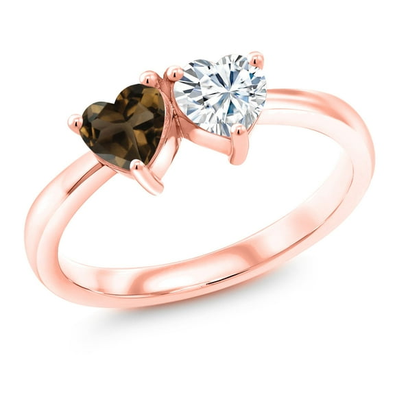 Gem Stone King 18K Rose Gold Plated Silver Fashion Right-Hand Ring Heart Shape Brown Smoky Quartz and Moissanite (0.86 Cttw, Size 9)