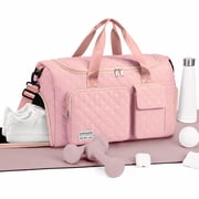 DAKIMOE Travel Duffle Bag for Women Men, Weekender Bags Carry on Gym Bag with Wet Pocket/Adjustable Strap/Shoe Compartment, Foldable Waterproof Overnight Tote Bag for Plane Sports Dance, Pink