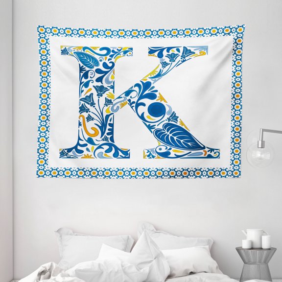 Letter K Tapestry, Abstract Artistic Leaves and Blooms and Capital Initial K Ornate Alphabet, Wall Hanging for Bedroom Living Room Dorm Decor, 80W X 60L Inches, Blue Yellow Orange, by Ambesonne