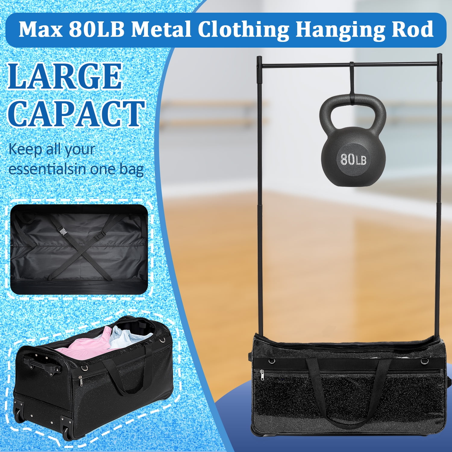 Rolling Dance Competition Bag with Retractable Garment Rack, 29 Inch, Black, Wheeled Travel Suitcase with Privacy Curtain (Black)