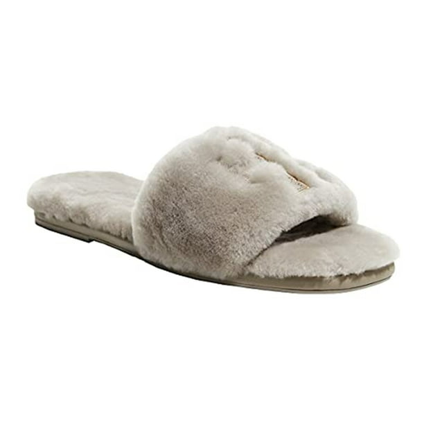 Tory Burch Women's Double T Logo Shearling Slide Sandals shoes Gray