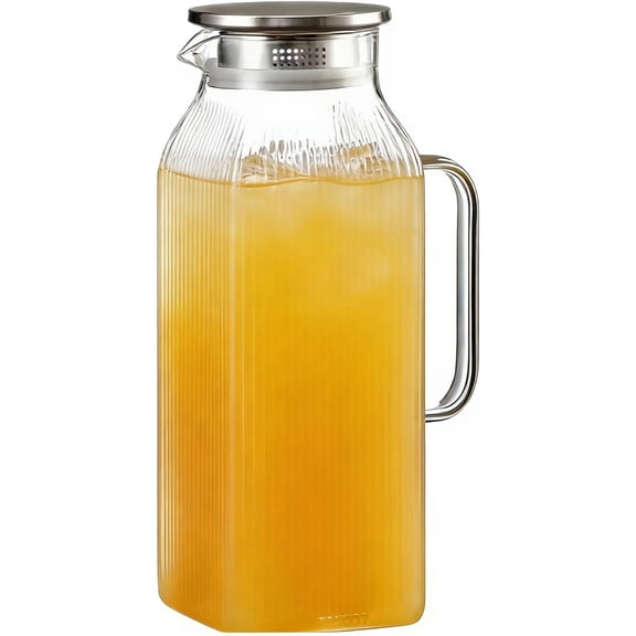 1 Gallon Thickened Glass Pitcher with Lid and Spout, Borosilicate Carafe for Hot Cold Drink, Water Pitcher for Fridge with Handle for Iced Tea Coffee Juice (2000ml)