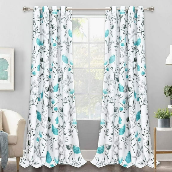 Floral Curtains Watercolor Flower Leaves Window Curtains,Teal and Gray Floral Drapes Grommet Window Drapes for Bedroom Living Room Kitchen Bathroom Nursery (52 x 84 Inch, 2 Panels)