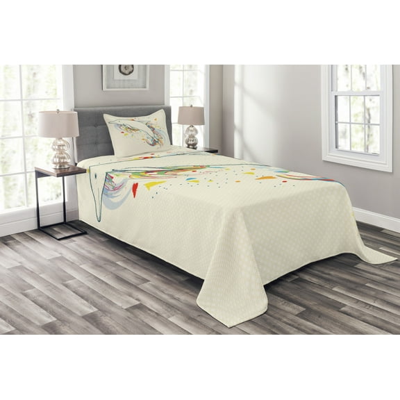 Ambesonne Dolphin Quilted Bedspread Set 2 Pcs, Fish Rainbow Color, Twin Size, Multicolor