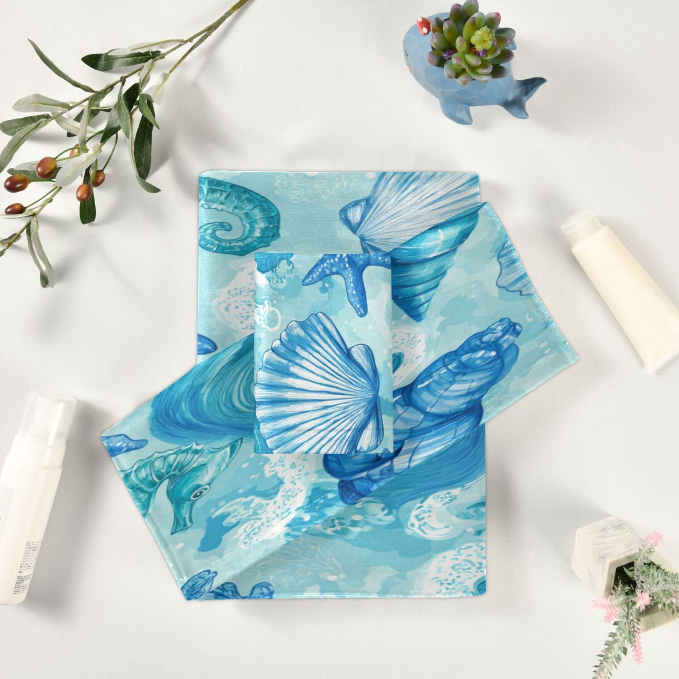 3 Pack Towel Set - Bath Towel, Hand Towel & Washcloth for Daily Household Use Nautical Blue Sea Life Art