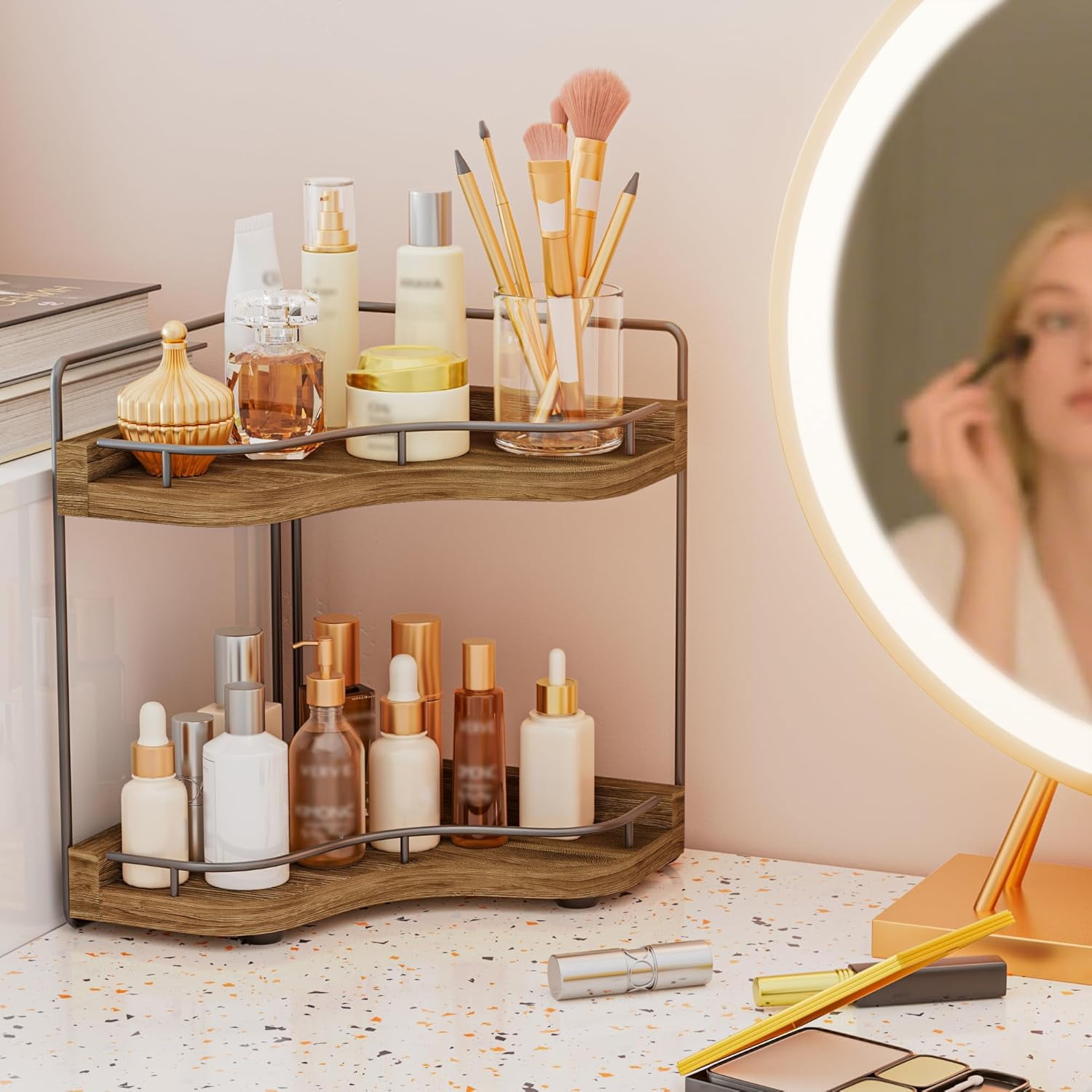 JDNRXO 2-Tier Corner Bathroom Counter Organizer with Embedded Screw Holes, Secure & Stable Wood Vanity Shelf for Makeup and Skincare Essentials - Space Saving Bathroom Countertop Storage
