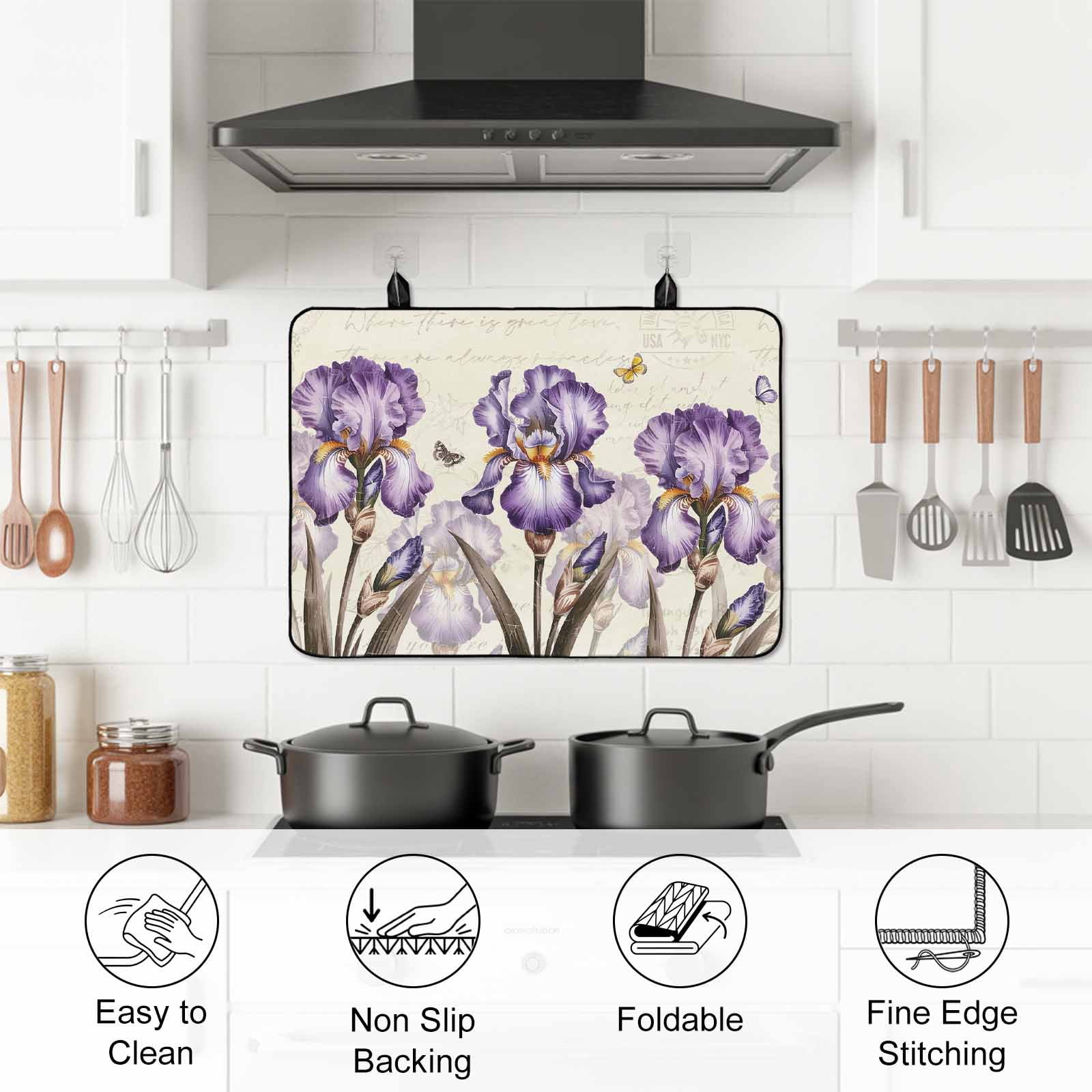 Purple Iris Stove Top Cover for Electric Stove, Heat-proof & Non Slip Glass Top Stove Cover Protector, Spring Vintage Butterfly Leaves Flowers Beige Kitchen Flat Cooktop Rubber Mat 24x21 Inches