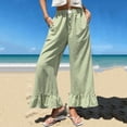 thumbnail image 3 of Women's Checkered Wide Leg Long Pants, High Waist Casual Trousers with Ruffle Hem, Loose Fit Summer Home Vacation Style Pants for Daily Wear Light Green S, 3 of 5