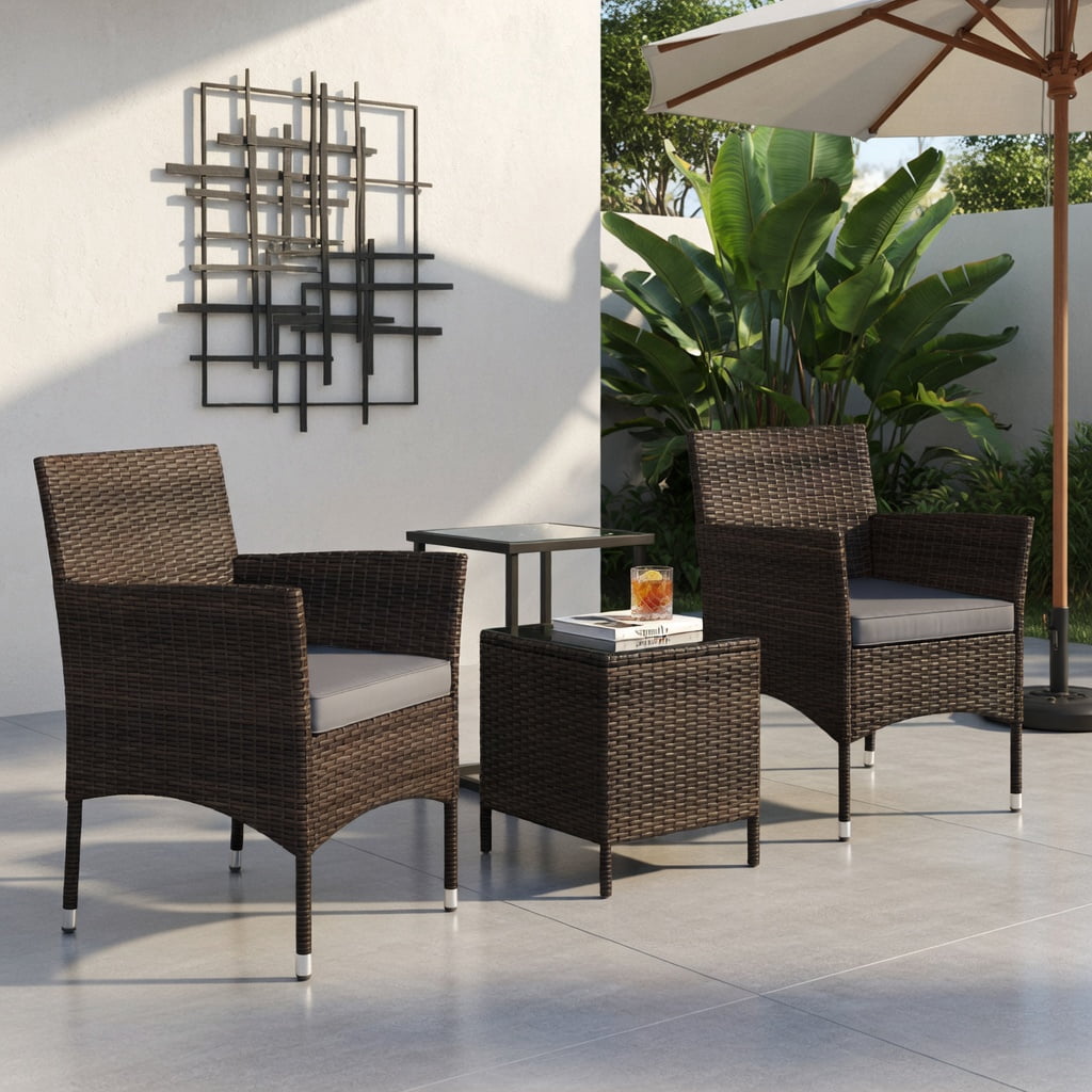 Hommoo 3-Piece Outdoor Wicker Conversation Set, PE Rattan Chairs with Cushions & Tempered Glass Square Coffee Table for Patio, Backyard, Poolside, Gray