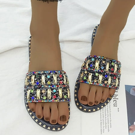 

Summer Shose 2022 Women s Sequined Rhinestone Flat sandals Fashionable Outer Wear Beach Shoes J3