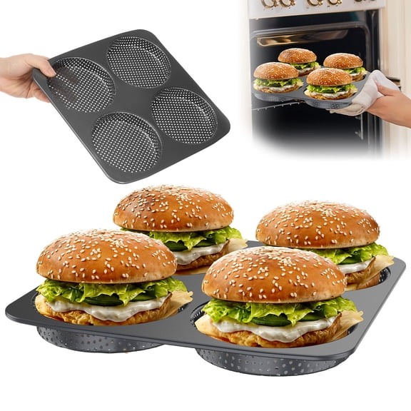 Large Hamburger Bun Pan 4.72 Inch Perforated Commercial Non Stick Carbon Steel Baking Mold 4 Cavity Big Baking Pan for Homemade Hamburger Bun Meat Pie Bread Mini Pizza