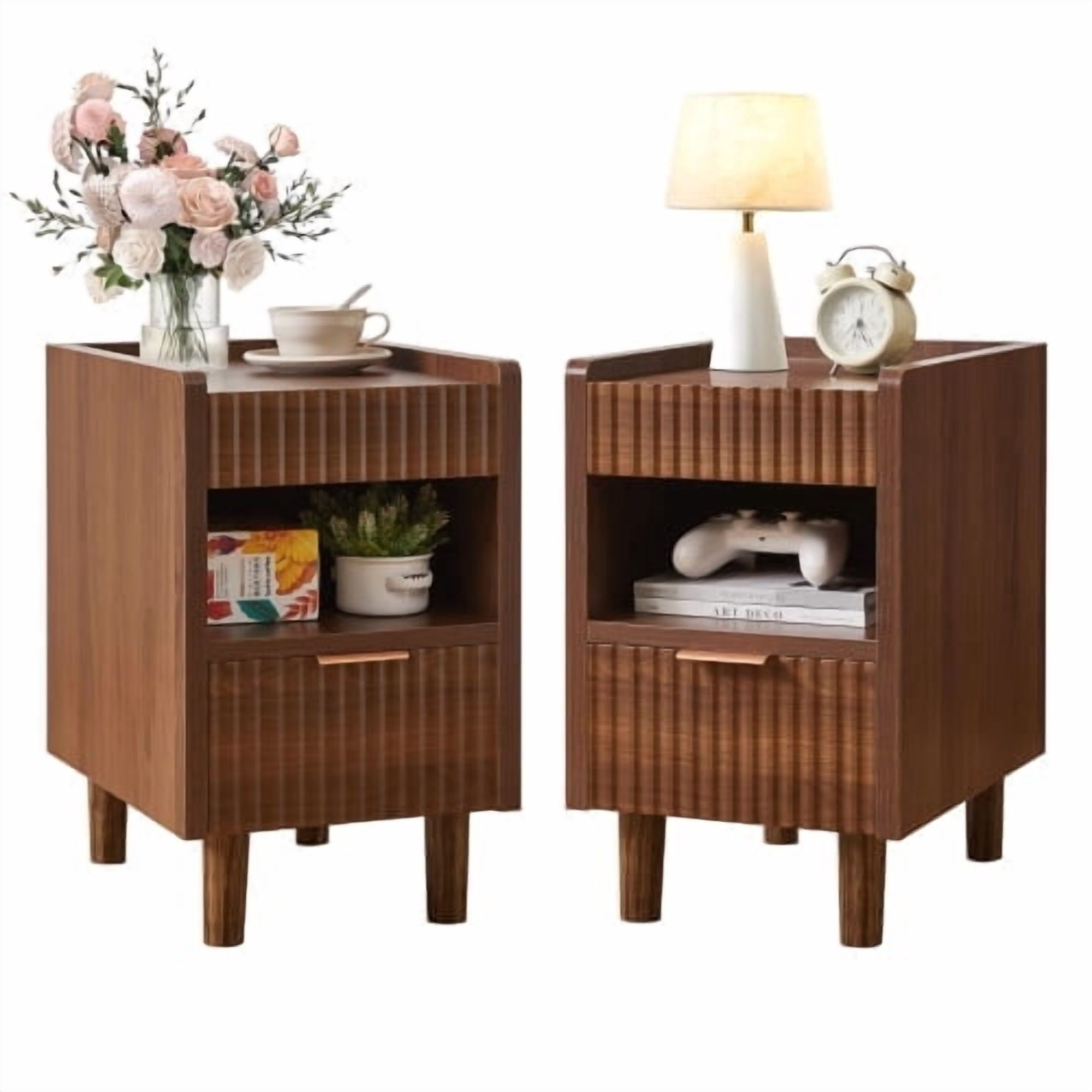 Set of 2 Walnut Brown Fluted Wood Nightstands with Drawer and Open Storage Modern Bedroom Bedside Side End Tables for Living Room Home