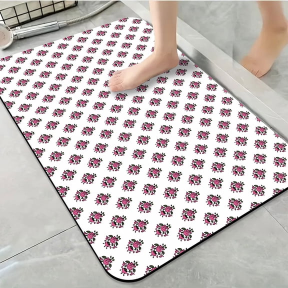 1pc Pink Floral Repeat Bathroom Rug Bathroom Decor and Accessories- Durable,Anti Slip,And Quick Drying,Suitable For Indoor/outdoor Use - Perfect For Bathrooms,Bedrooms,Kitchens