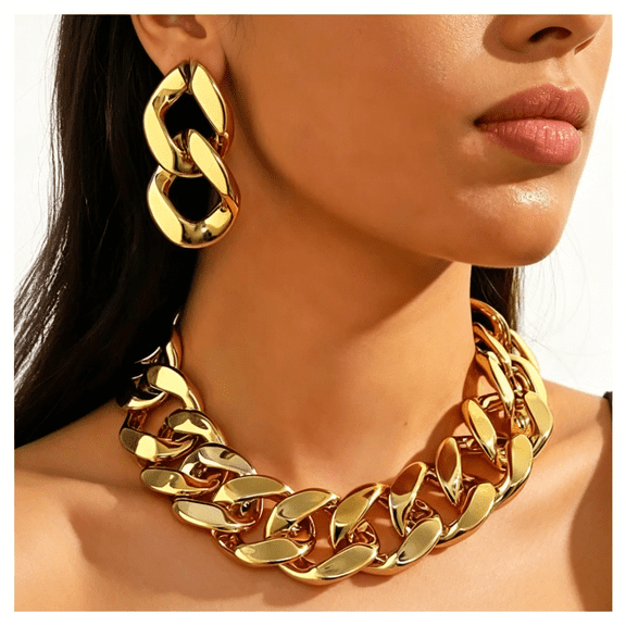 DESIGNICE Acrylic Gold Chunky Chain Necklace Earrings Set for Women,Punk Short Thick Wide Cuban Link Choker Necklaces Trendy Drop Dangle Earring Jewelry Set