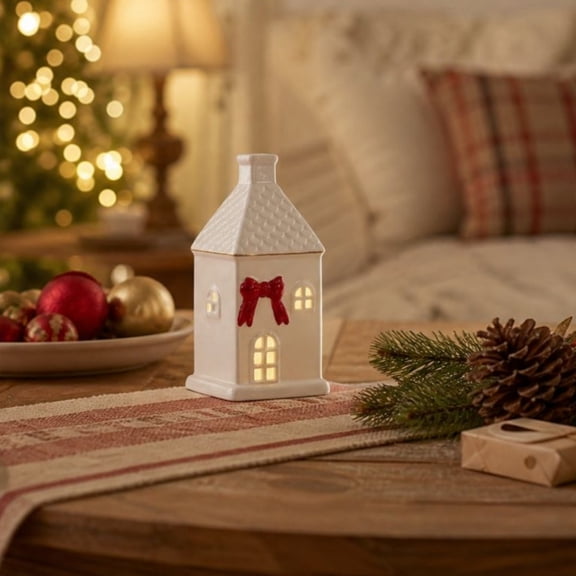 Christmas Light Up Ceramic Village,Led Lighted White Snow House Porcelain Ornament,Winter Christmas Glowing Decor for Mantel Tabletop