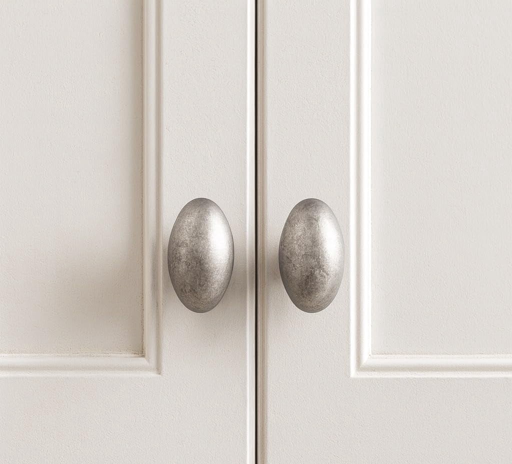 ABCISI 10 Pack Oval Cabinet Knobs, Furniture Cupboard Pulls, Modern Single Hole Hardware for Kitchen Cabinet, Dresser, Wardrobe Drawer, Antique Silver