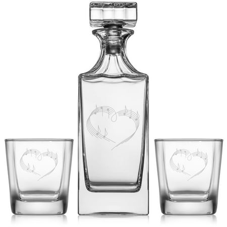 

Whiskey Decanter Gift Set With 2 Whiskey Old Fashioned Rocks Glasses Heart Love Music Notes