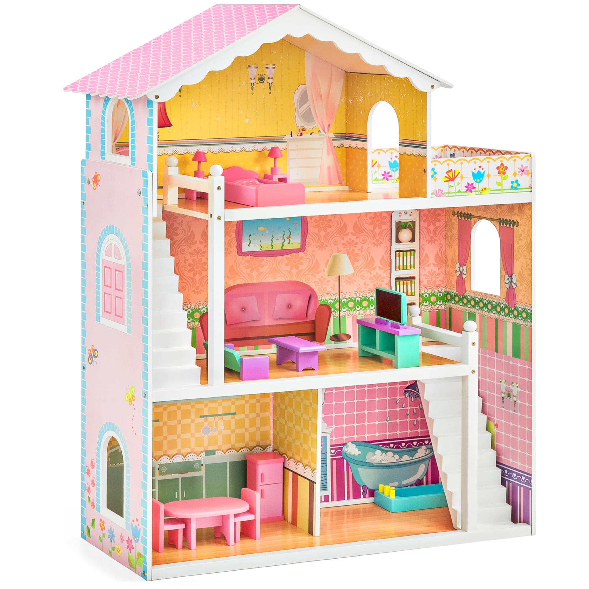 Best Choice Products 44in 3 Story Wood Dollhouse Mansion Playset