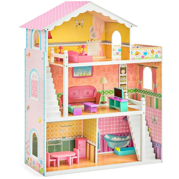 Best Choice Products 44in 3-Story Wood Dollhouse,  Large Open Mansion w/ 5 Colorful Rooms, 17 Furniture Pieces