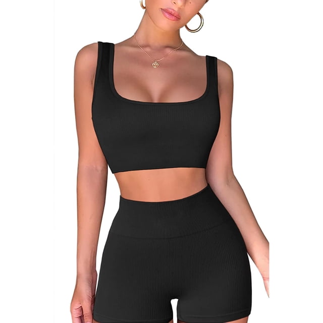 Women's Workout Outfits 2 Piece Yoga Set Seamless Ribbed Crop Tank Tight Shorts Gym Suit