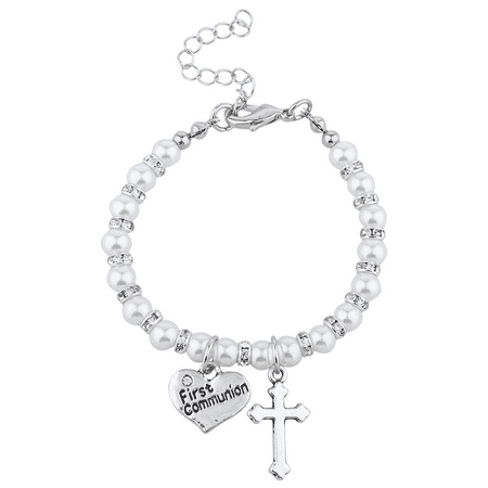 Lux Accessories Silvertone FauxPearl First Communion Catholic Religious Bracelet