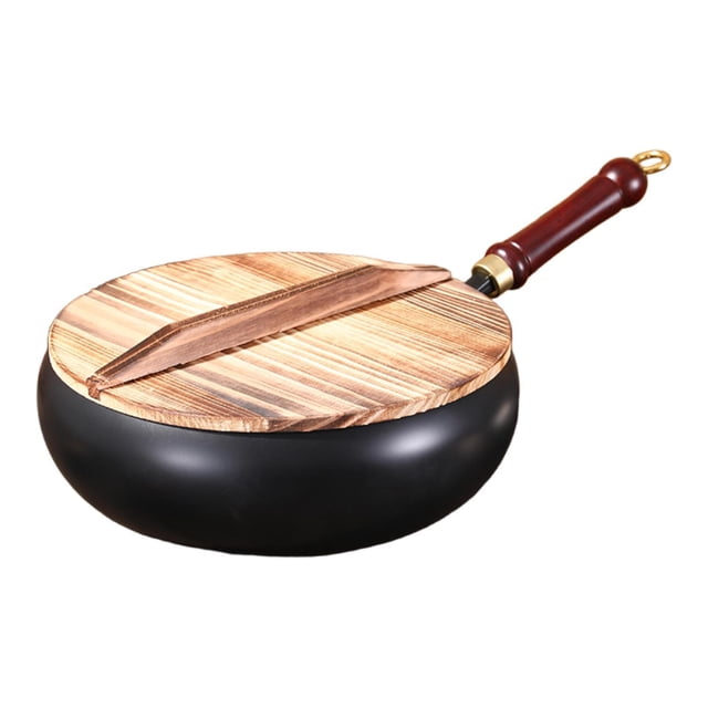 945 Manual de sartén Wok Forjing Pan de hierro Mango de madera Mango multifuncional sin cocción con recubrimiento de cocción para acampar para la tapa de madera