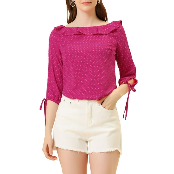 INSPIRE CHIC Women's Ruffled Neck Half Sleeve Sheer Summer Polka Dots Blouse Tops XS Hot Pink