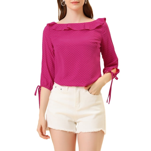 BLUSA DE POLKA DOTS PARA MUJER CON CUELLO VOLANTE Y MANGA CORTA TRANSPARENTE VERANO XL ROSA FUERTE