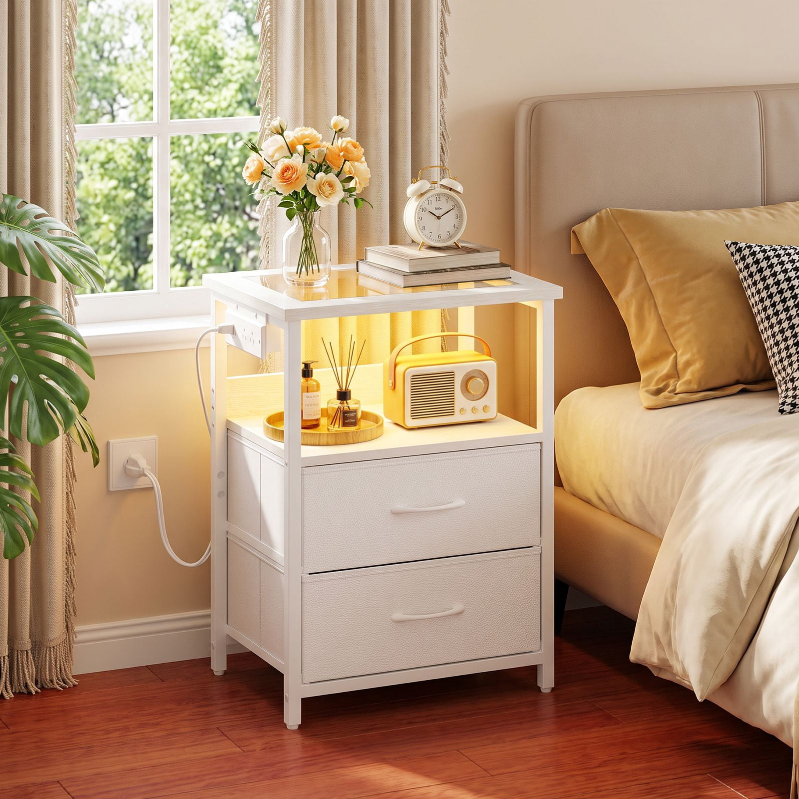 Nightstand with Charging Station, Glass Top End Table with RGB LED Light, 2 Fabric Drawers and Open Shelf for Bedroom
