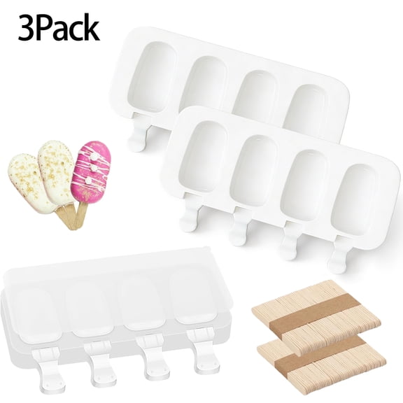 SUSWIM 3 Set Samll Popsicles Molds with Lids and 100 Pieces Wooden Popsicles Sticks, 4 Cavities Silicone Ice Cream Molds for Making Cakesicles, Cake Pops, Ice Cream（Samll Size/White）