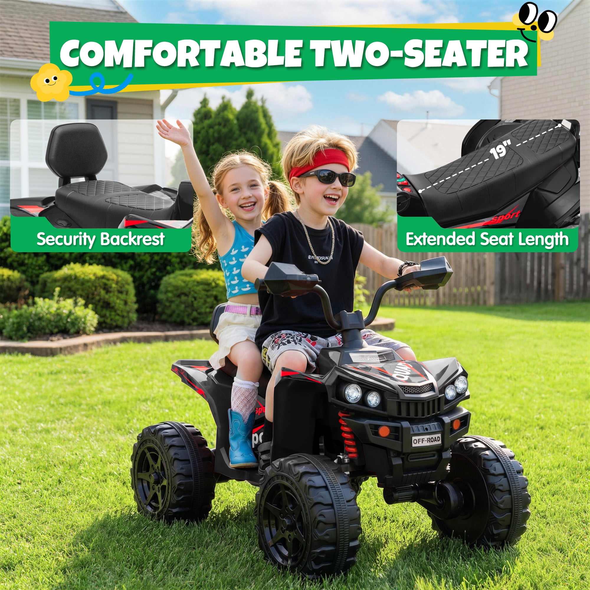 24V Kids Ride On ATV for Ages 3-8, 4WD Electric Quad with 4 Motors, Bluetooth Music, LED Lights, Spring Suspension, 3-5 km/h, 110 lbs Capacity, Battery Powered Toy for Boys Girls, Black
