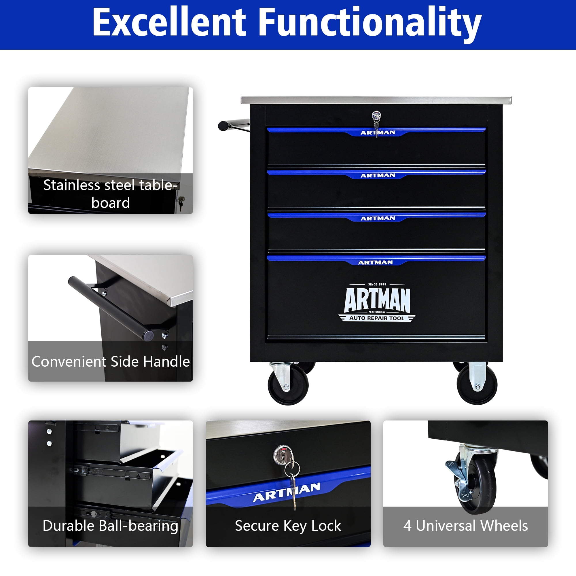 POVANLi 4 Drawers Multifunctional Tool Cart with wheels,Key Locking and 4 Toolbox On Wheels, Metal,Suitable for Garages,Warehouses,Workshops,Repair Shops(Black+Blue)