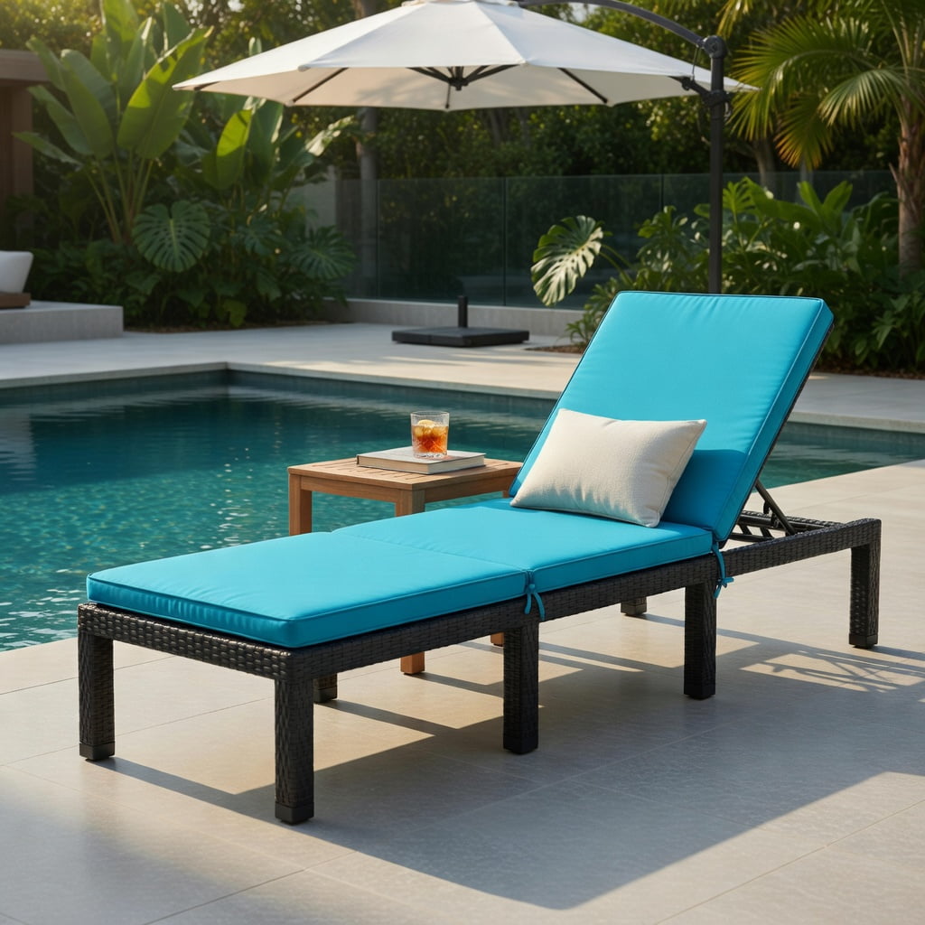 Hommoo Adjustable Height Outdoor Rattan Lounge Chair with Cushion, PE Wicker Patio Chair for Poolside, Garden, Porch, Turquoise