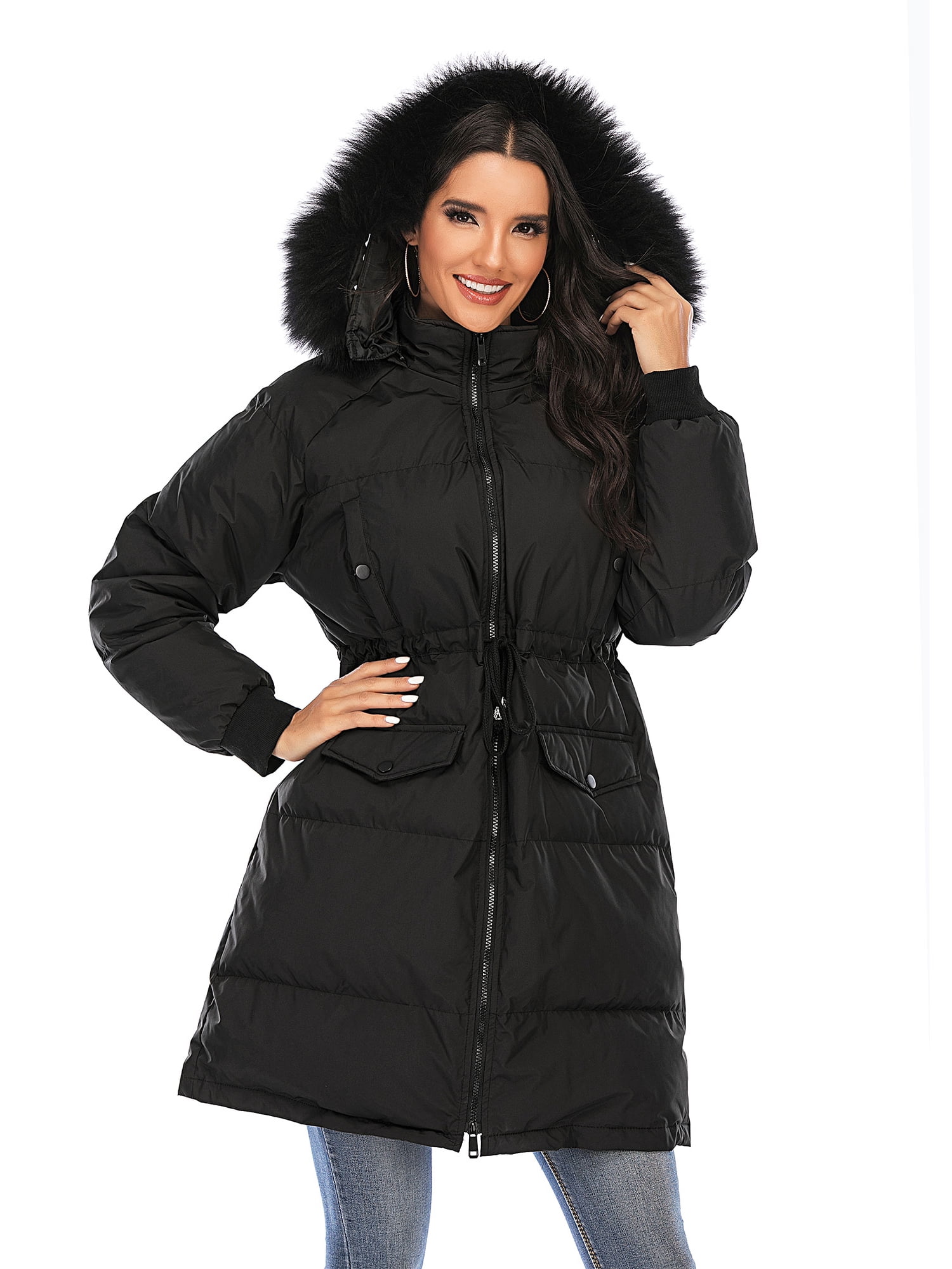 Womens Duck Down Coats Long Parka Fur Hooded Slim Fit Warm Winter Outwear Jacket