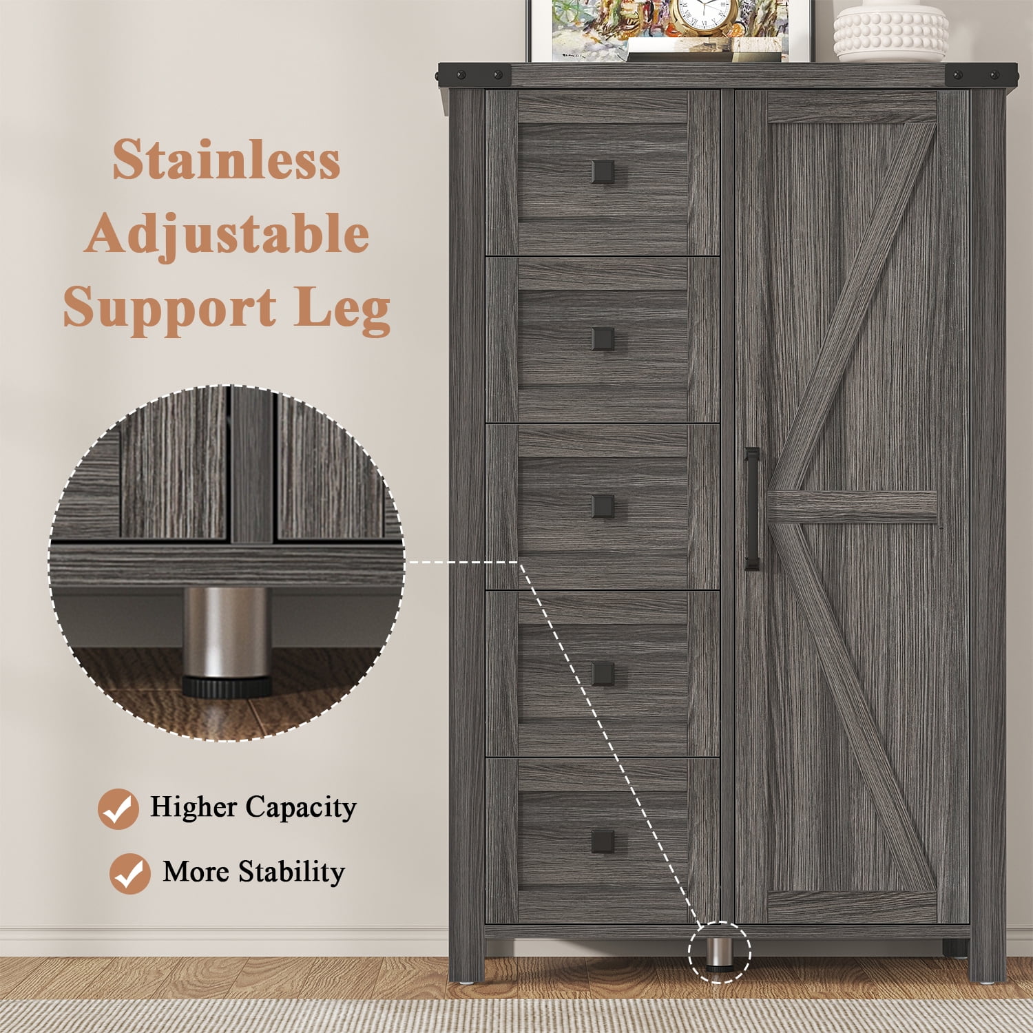 Winkalon 5 Drawers Dresser Chests for Home Bedroom, Farmhouse Wood Rustic Tall Chest of Drawers, Pull Storage Cabinet,Grey