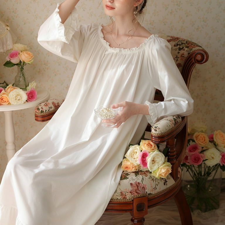 Homgro Women's Cotton Victorian Nightgown Vintage Sleep Dress Long Sleeve  Nightgowns Ruffle Crew Neck Pleated Lace Princess Elegant Nightwear