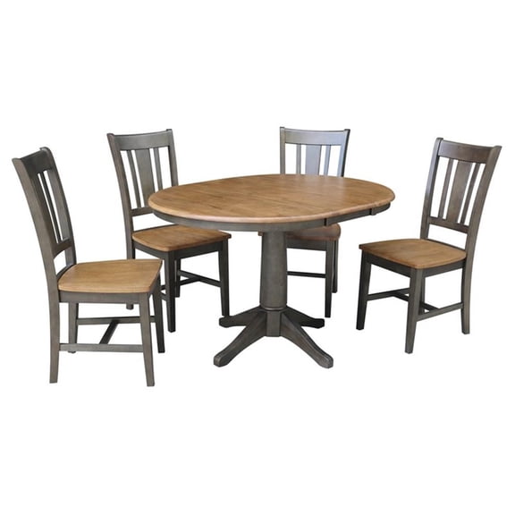 36" Round Wood Extension Dining Table with 4 Chairs in Hickory/Washed Coal
