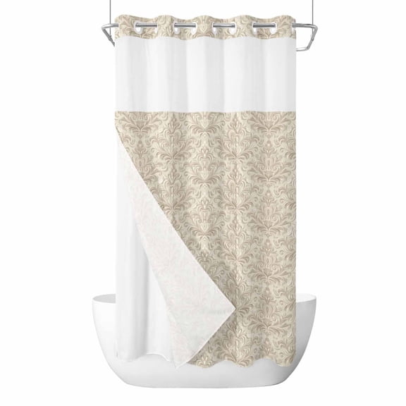 No Hook Shower Curtains with Snap-in Liner Set, Beige Baroque Waterproof Hotel Style Bathroom Shower Curtain, Farmhouse Scroll Floral Pattern Art Breathable Mesh Top Window Bath Curtains 36''x72''