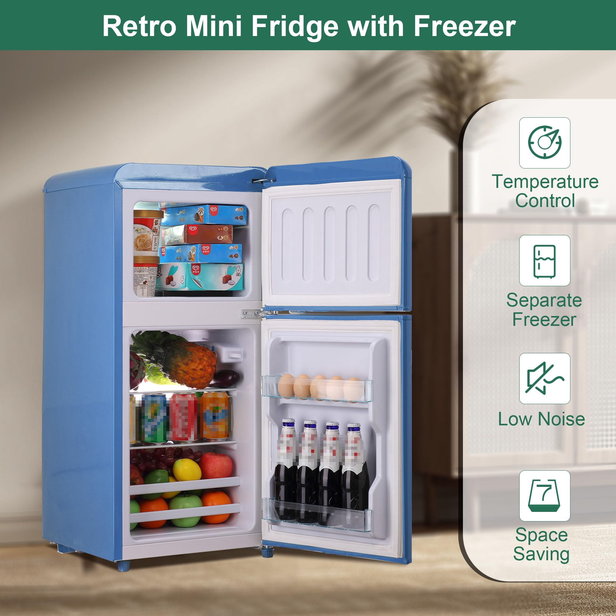 4.0 Cu.Ft Mini Fridge with Freezer, Retro Small Refrigerator with 7 Level Adjustable Thermostat, Compact Classic Dual Door Fridge Removable Glass Shelves for Apartments, Dorm, Office, Blue