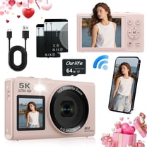 Ourlife Dual Screens 5K Digital Camera for Vlogging - 80MP, 18X Zoom, Autofocus, Compact Travel Camera, Beginner-Friendly Gift Pack, Include 64GB Card & 2 Batteries, Pink
