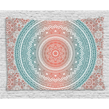 Coral Wall Hanging Teal and Coral Tapestry, Ombre Mandala Art Antique Gypsy Stylized Folk Pattern Mystical Cosmos Image, Wall Hanging for Bedroom Living Room Dorm Decor, 80W X 60L Inches, Teal Coral, by Ambesonne ()