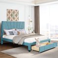 thumbnail image 2 of Queen Storage Bed Frame with Drawer, New Upgraded Velvet Upholstered Platform Bed with Headboard and Big Drawer, No Box Spring Needed, Heavy Duty Queen Size Bed Frame for Adults, Holds 500lbs, Blue, 2 of 12